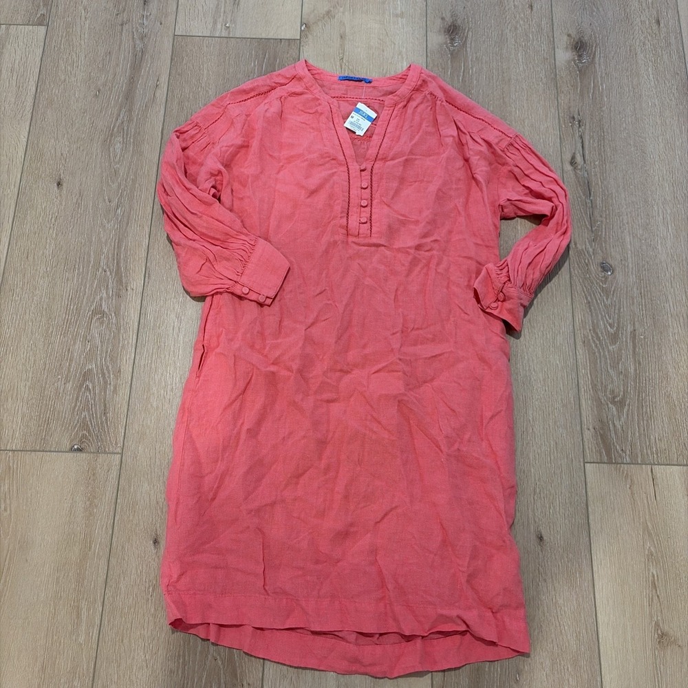 J.McLaughlin Nylee Bright Peach Linen Shift Dress 3/4 Sleeve Ladder Lace  Size M